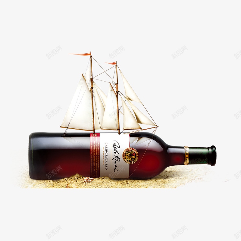 沙滩和红酒png免抠素材_新图网 https://ixintu.com 产品实物 帆船模型 红色 细沙 葡萄酒酒瓶 黄色