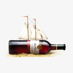 帆船模型沙滩和红酒高清图片