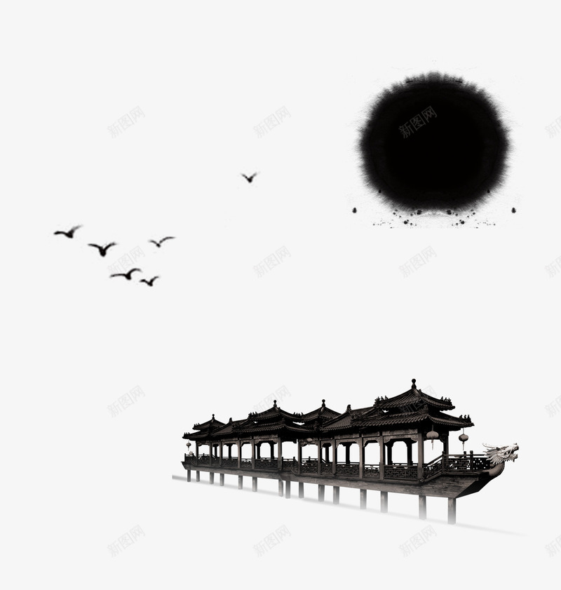 中国风png免抠素材_新图网 https://ixintu.com 中国风 亭子 古典 复古 建筑 水墨 飞鸟 鸟