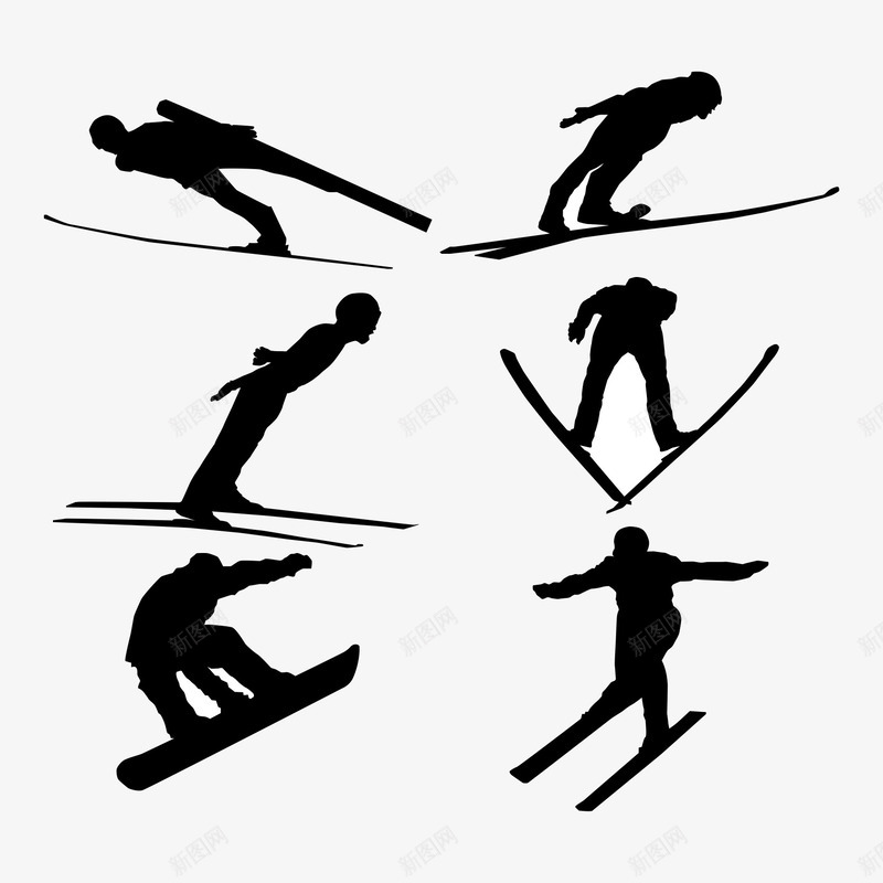 6款跳台滑雪人物剪影图标png_新图网 https://ixintu.com 人物 剪影 图标 平面 滑雪 跳台 黑白