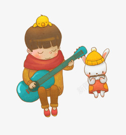 弹吉他的小男孩和吹口风琴的小兔素材