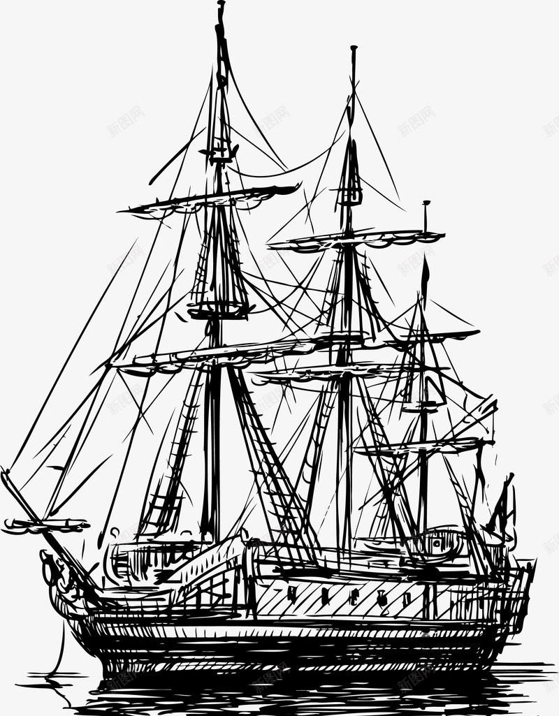 黑色线条手绘船png免抠素材_新图网 https://ixintu.com 古代船 古船 帆船 手绘 线条 黑色