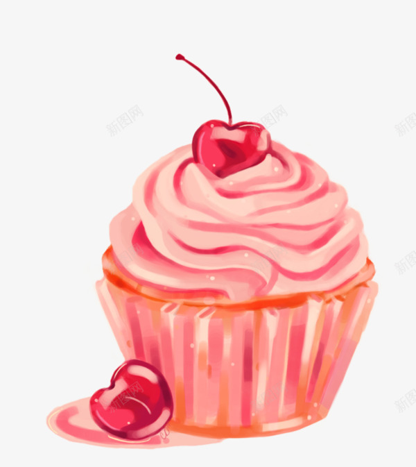 手绘粉色纸杯蛋糕png免抠素材_新图网 https://ixintu.com 卡通 手绘 樱桃 粉色 纸杯蛋糕