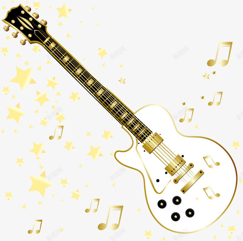 金色星星音符和吉它png免抠素材_新图网 https://ixintu.com 乐器 吉它 星星矢量 金色星星音符和吉它矢量素材 金色素材 音乐 音符花边
