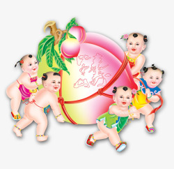布兜娃娃抱仙桃2019年春节卡通中国风仙桃娃娃高清图片