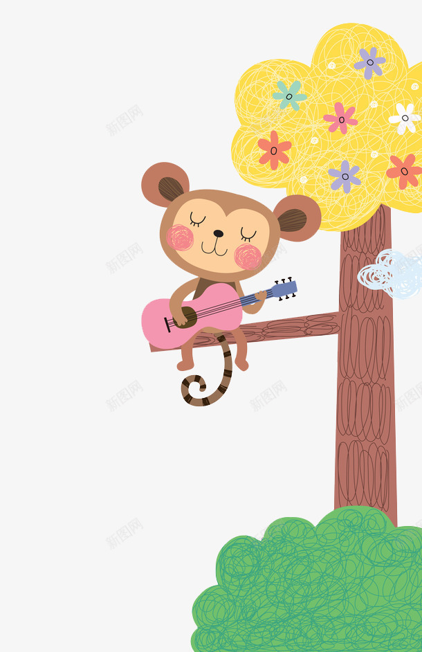 在树上弹吉他的小猴子png免抠素材_新图网 https://ixintu.com 免抠PNG 卡通 可爱 吉他 大树 手绘 水彩 猴子爬树