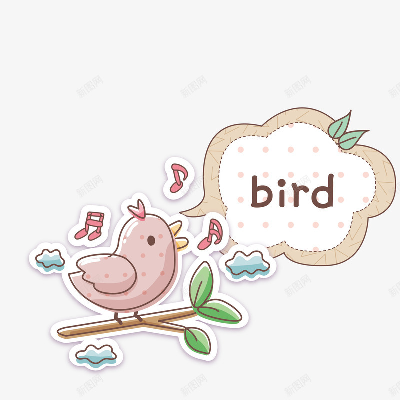 树枝上的小鸟对话框png免抠素材_新图网 https://ixintu.com 卡通手绘 对话框 小鸟 树枝 绿叶 装饰图 音符
