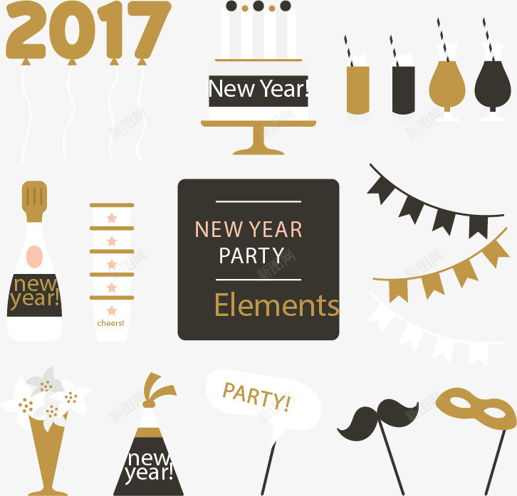 扁平2017新年元素png免抠素材_新图网 https://ixintu.com 新年元素 气球 派对元素 矢量素材 蛋糕 香槟