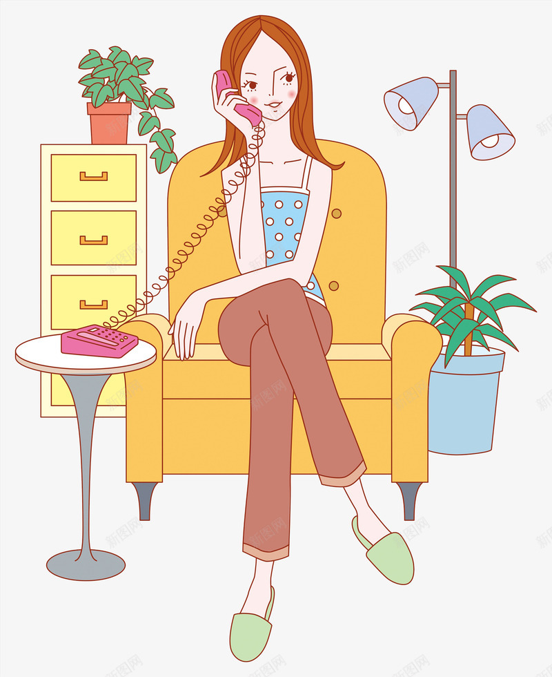 打电话的女孩png免抠素材_新图网 https://ixintu.com 休闲 卡通 女孩 手绘 打电话 植物 水彩 沙发 盆景