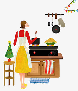 逼真圣诞食物卡通手绘做饭的女人高清图片