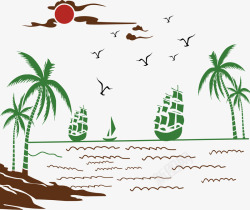 海边椰树船矢量图素材