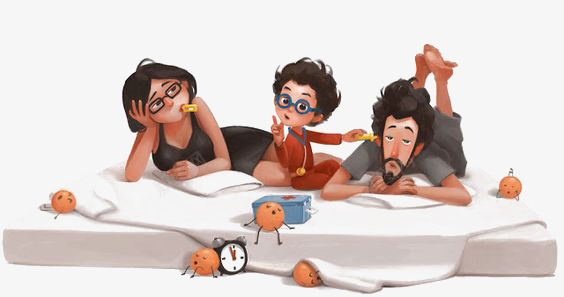 床上的一家人png免抠素材_新图网 https://ixintu.com 卡通 家庭 小孩 床 手绘 插画 温馨