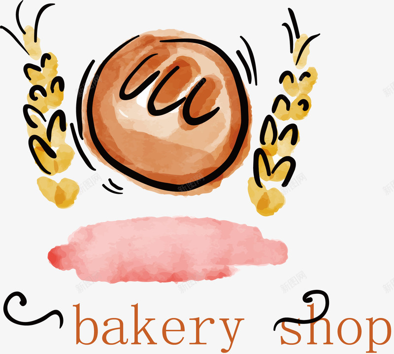 面包商店png免抠素材_新图网 https://ixintu.com 小麦穗 手绘 烘焙商店 粉色背景 艺术字 面包