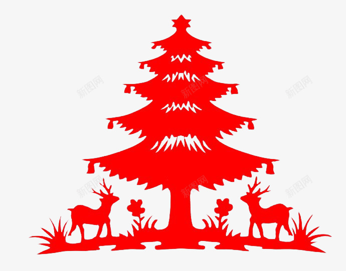 红色圣诞树小鹿剪纸png免抠素材_新图网 https://ixintu.com 剪纸 圣诞树 小鹿 红色