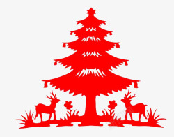 剪纸小鹿红色圣诞树小鹿剪纸高清图片