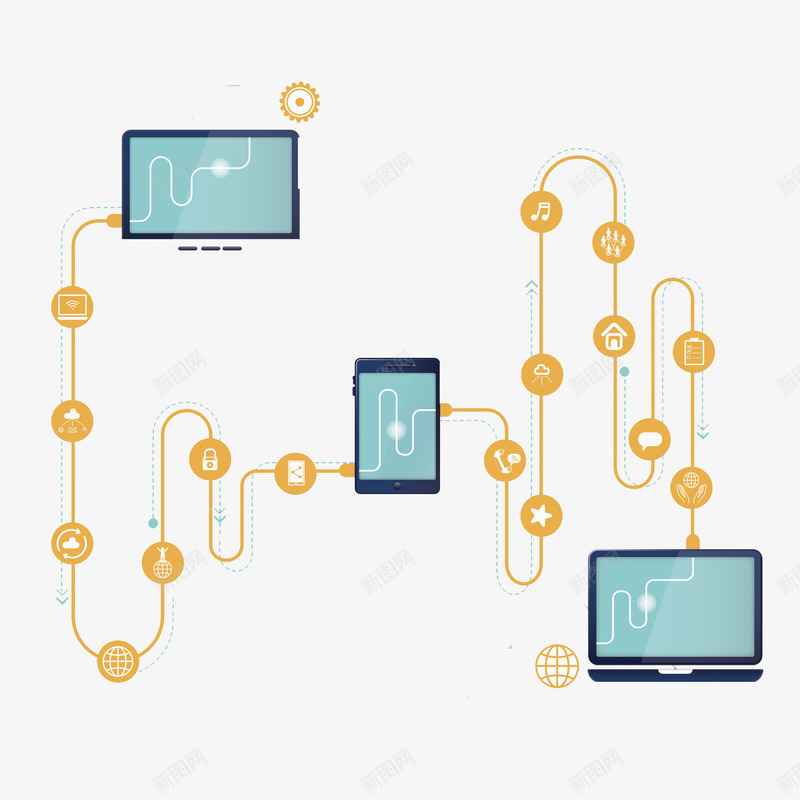 电脑连接png免抠素材_新图网 https://ixintu.com 创意 电脑 笔记本 线路 说明 连接 金色 音乐