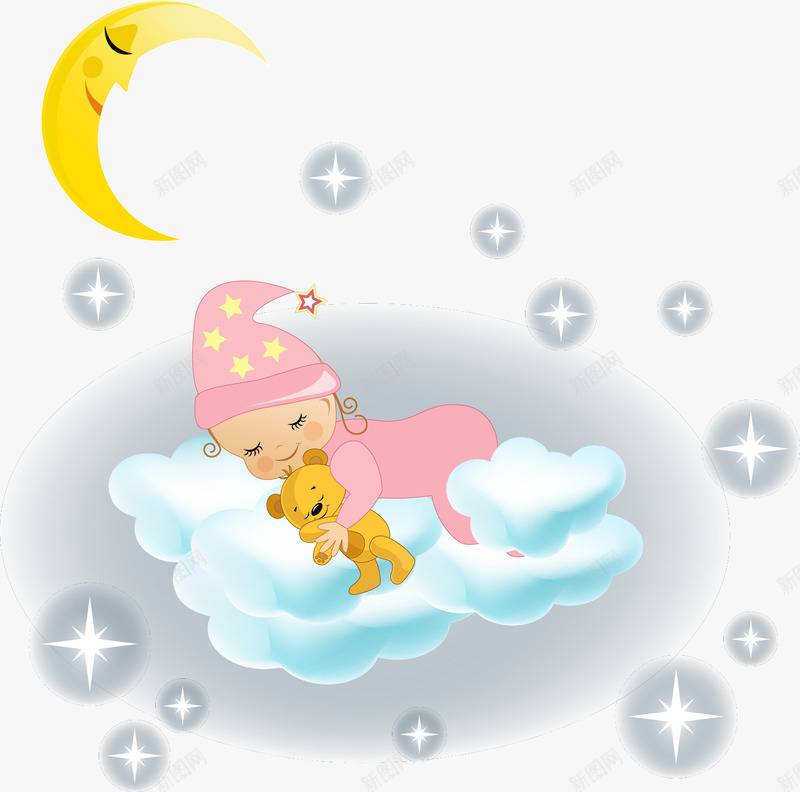 睡在云端的小宝宝png免抠素材_新图网 https://ixintu.com 云层 宝贝 小玩偶 月亮 闪光