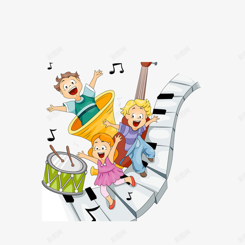 卡通狂欢的儿童png免抠素材_新图网 https://ixintu.com 一群狂欢的人 吉他 开心 狂欢的儿童 钢琴黑白键 鼓