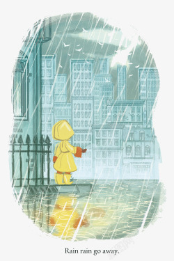 手绘站在雨中女孩素材