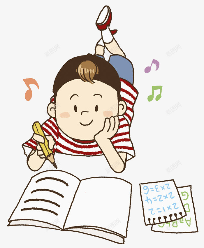 写作业的男孩png免抠素材_新图网 https://ixintu.com 写作业 卡通 帅气的 插图 男孩 简笔 趴着的 音符