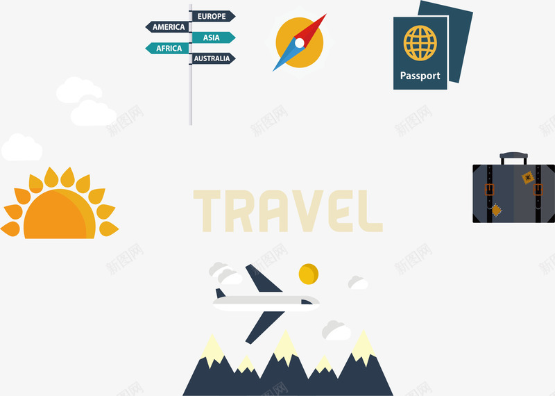 假期旅行出国游免费矢量图eps免抠素材_新图网 https://ixintu.com 太阳 护照 指南针 指示牌 矢量素材 行李箱 路牌 雪山 飞机 矢量图