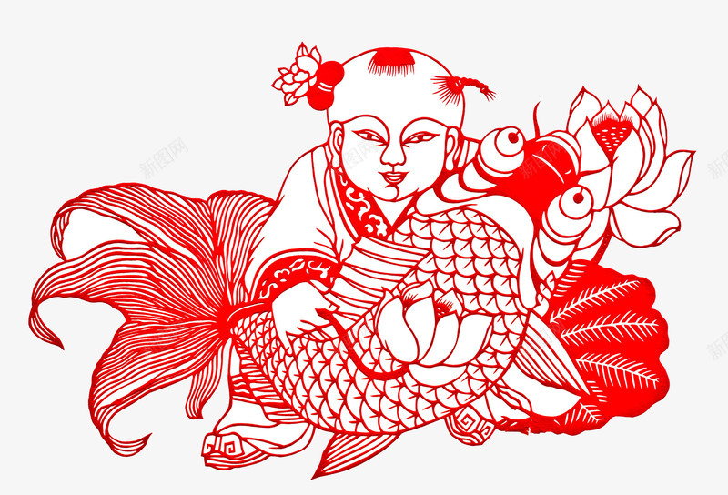 抱鱼的年画小孩png免抠素材_新图网 https://ixintu.com 中国风 儿童 创意 可爱 小孩 年画小孩 红色剪纸 装饰图案