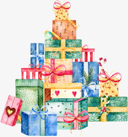 创意堆积的圣诞节礼物水彩礼物盒高清图片