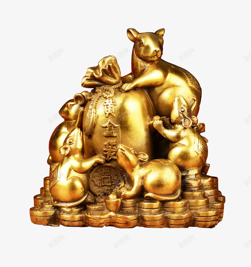 五鼠聚财摆件png免抠素材_新图网 https://ixintu.com 十二生肖鼠 聚财老鼠 运财 金色老鼠 黄金袋