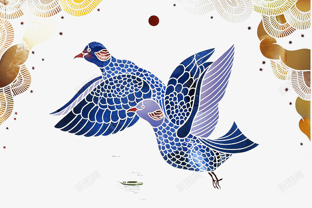 装饰画小鸟png免抠素材_新图网 https://ixintu.com 云层底纹 和风 手绘 抽象 线纹 蓝色小鸟 装饰