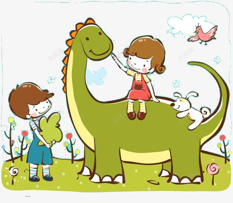 骑着恐龙的小孩png免抠素材_新图网 https://ixintu.com 儿童插画 卡通 卡通人物 卡通动物 可爱 小孩 恐龙 插画 故事插画