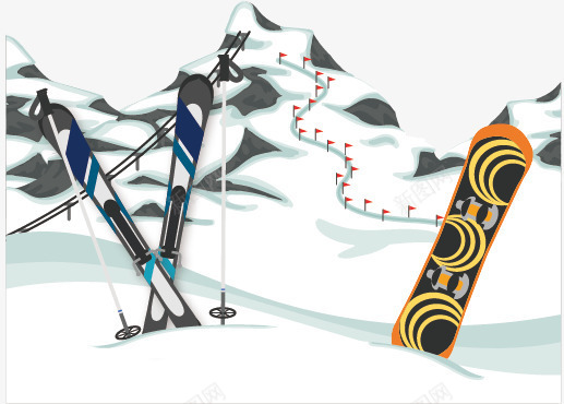手绘雪山和滑雪板矢量图ai免抠素材_新图网 https://ixintu.com 手绘 滑雪板 雪山 矢量图
