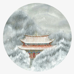 中国风建筑与雪景插画素材