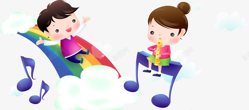 卡通坐在音符上的孩子png免抠素材_新图网 https://ixintu.com 卡通手绘 孩子 音符