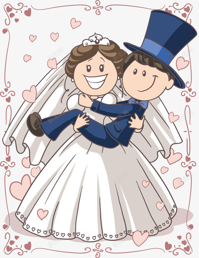 卡通结婚的新娘新郎png免抠素材_新图网 https://ixintu.com 卡通 卡通新娘抱着新郎 新娘新郎 爱心装饰 粉色的花边 结婚的
