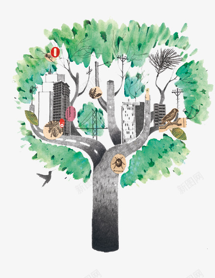 手绘在树上的城市psd免抠素材_新图网 https://ixintu.com 创意设计 可爱卡片 手绘插画