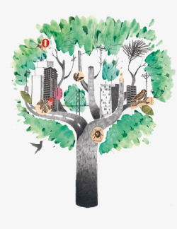 手绘在树上的城市素材