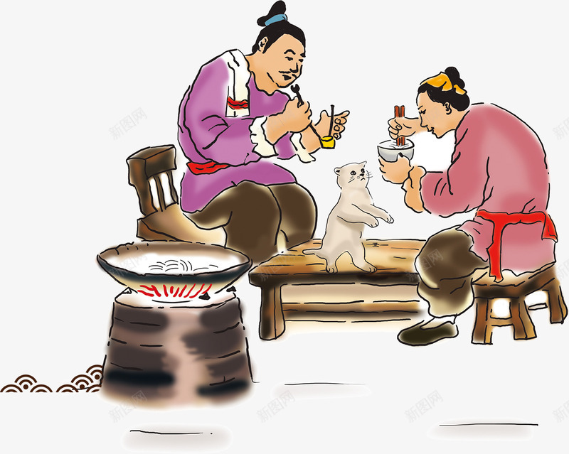 吃饭人物png免抠素材_新图网 https://ixintu.com 中国风 人物 吃饭 吃饭古代 坐在餐桌前 复古 插画 水墨 食物