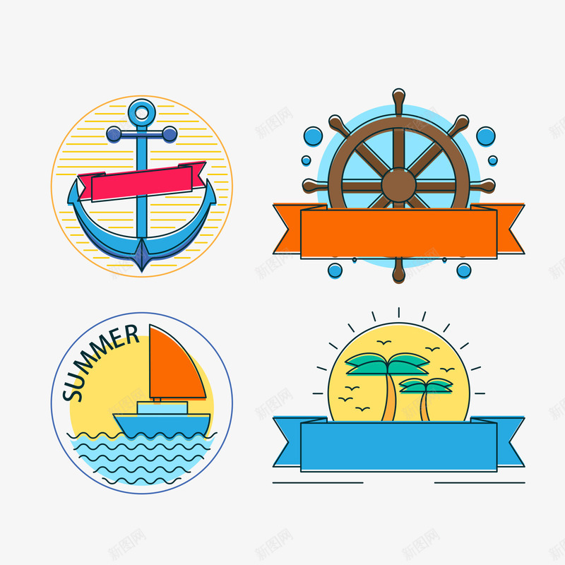 航海图标png_新图网 https://ixintu.com 丝带 卡通 帆船 彩色 手绘 椰子树 素描船舵 航海 船舵