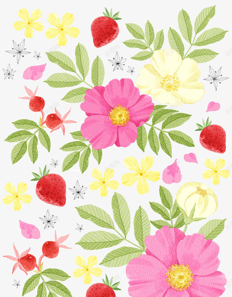 花朵草莓装饰图案png免抠素材_新图网 https://ixintu.com 手绘 花朵 草莓 装饰
