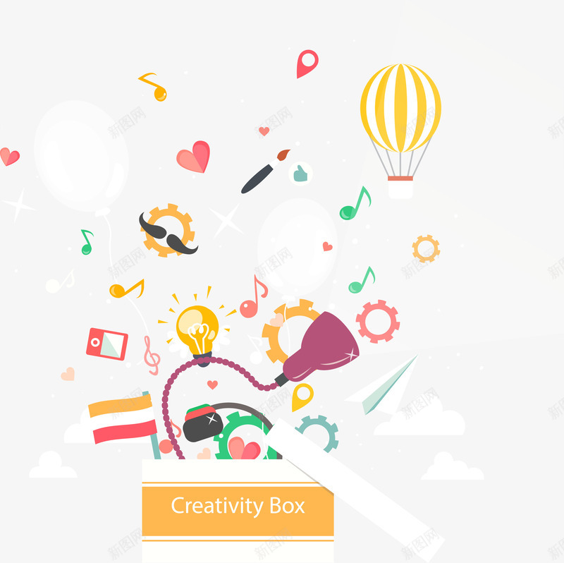 商务创意盒子png免抠素材_新图网 https://ixintu.com 创意 商务 地标 广告设计 思维盒子 气球 灯泡 热气球 爱心 盒子 纸飞机 设计 音符