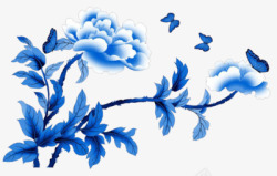 青色蝴蝶牡丹花高清图片