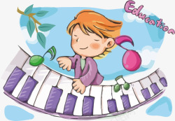 绿叶音符卡通漫画弹钢琴的小女孩高清图片