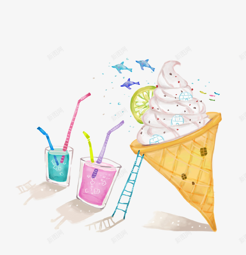 手绘果汁冰淇淋插画psd免抠素材_新图网 https://ixintu.com 冰淇淋 创意设计 手绘 插画 果汁 梯子 美味