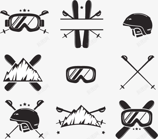 滑雪运动元素矢量图图标ai_新图网 https://ixintu.com 图标 头盔 标志 滑雪板 眼罩 老式滑雪 矢量图