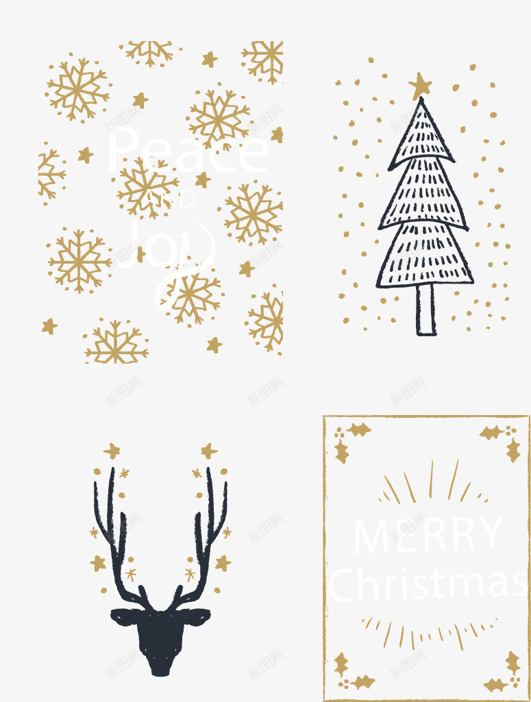 四张手绘圣诞节卡片png免抠素材_新图网 https://ixintu.com 发光 圣诞树 矢量免费图片素材 雪花 驯鹿