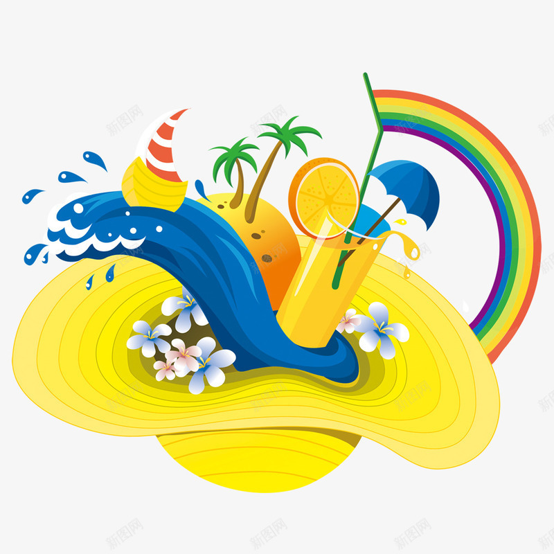 夏天元素png免抠素材_新图网 https://ixintu.com 帽子 彩虹 椰树 橙汁 沙滩 海浪 阳光