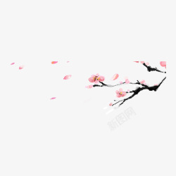 水墨画老松树桃花树和飞舞的花瓣高清图片