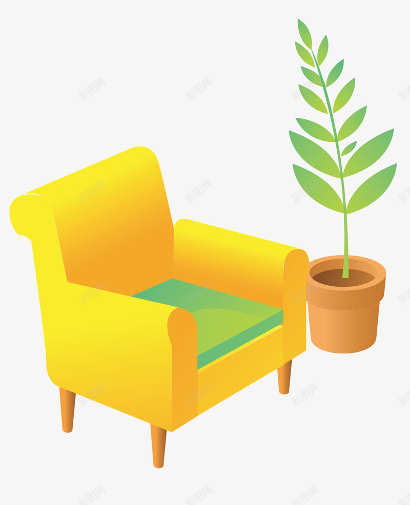 黄色椅子png免抠素材_新图网 https://ixintu.com 卡通 家具 椅子 沙发 盆栽