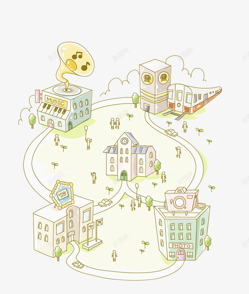 素描建筑png免抠素材_新图网 https://ixintu.com 喇叭 建筑 彩铅 房屋 手绘 树木 火车 素描 音乐 音符 黑白