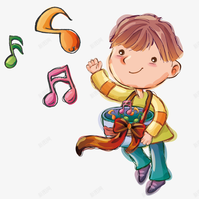 孩子挥舞着音符png免抠素材_新图网 https://ixintu.com 孩子 手绘 插画 音乐 音符
